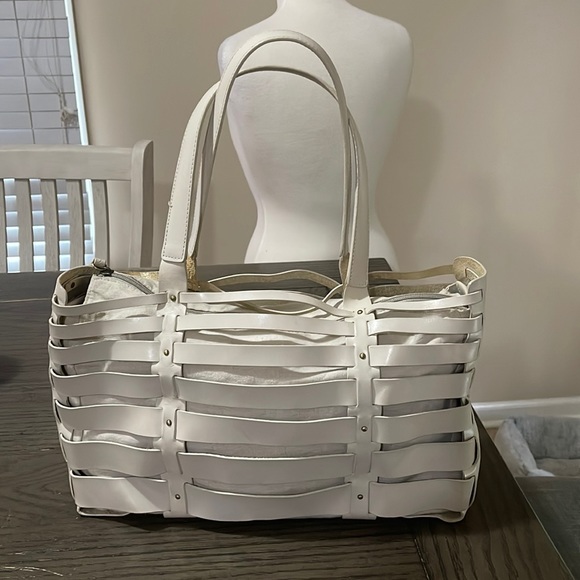 Monsac Handbags - Monsac Original Medium Satchel Leather Cut Design Handbag Unique Cream Color